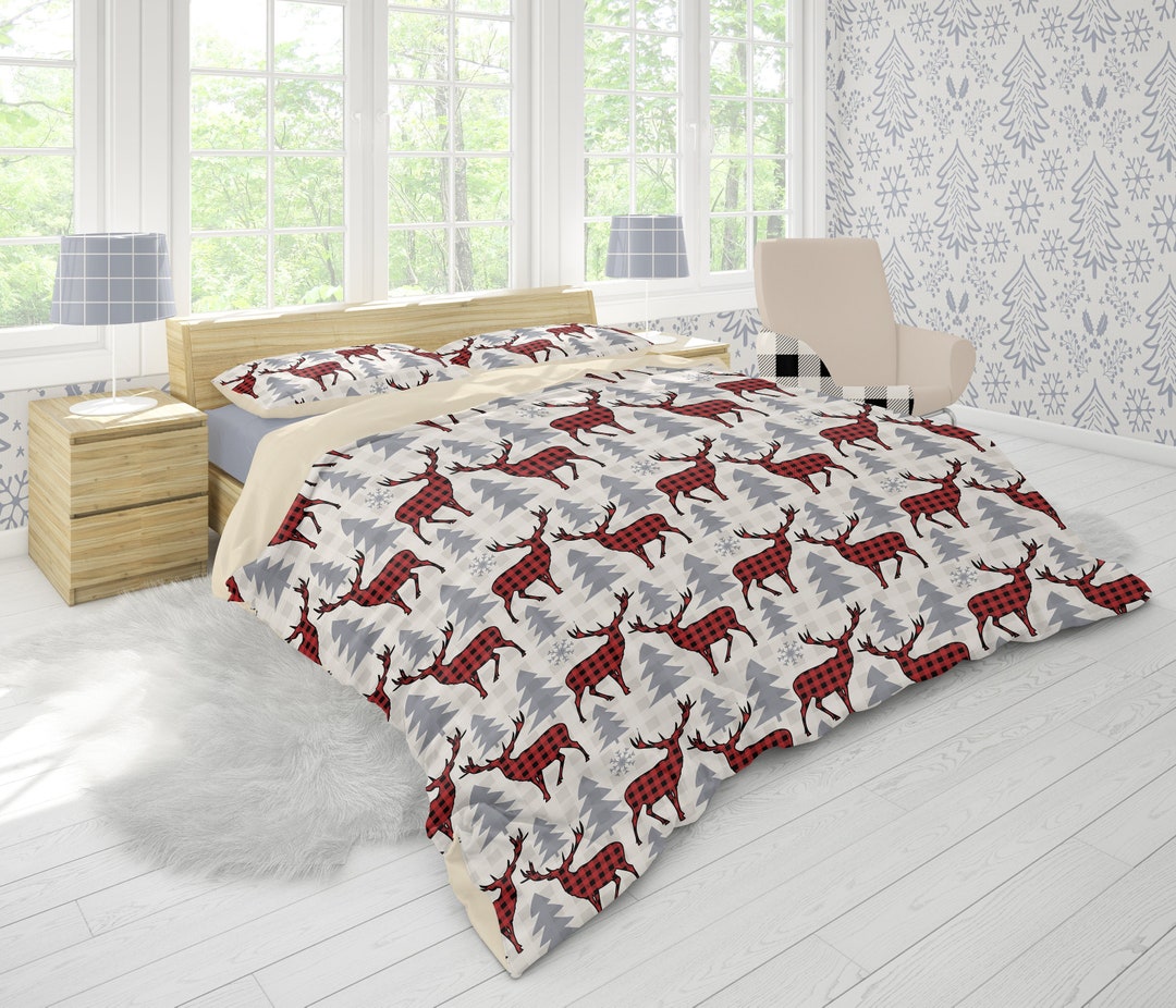 Rustic Farmhouse Plaid Deer Duvet Cover Rustic Christmas Etsy
