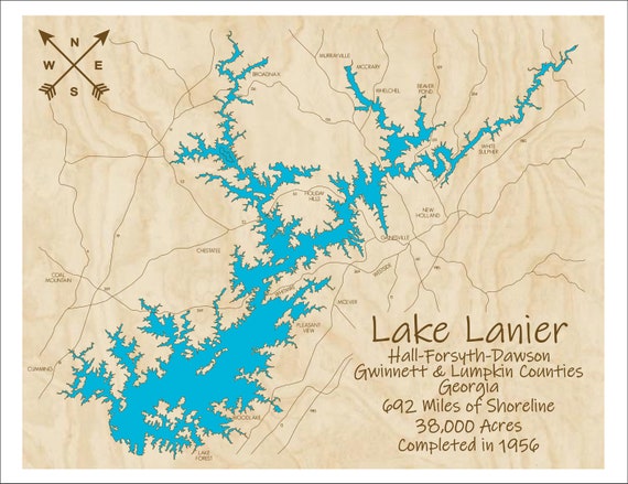 Map Of Lake Lanier Lake Lanier Ga Wood Map Multi-Layered And Large Sized | Etsy India