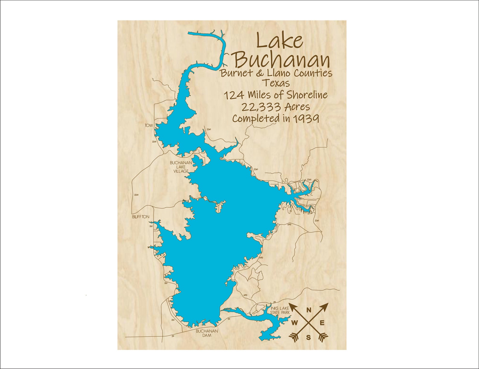 Lake Buchanan Wood Map Multilayered and Large Sized Etsy