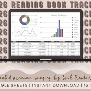 Puede incluir: Una computadora portátil muestra un rastreador de registro de lectura para 2026. La pantalla muestra gráficos y una tabla con títulos de libros, autores y calificaciones. El texto incluye "Ratings Breakdown" y "Books by Genre". El texto inferior dice "muted premium reading log book tracker".