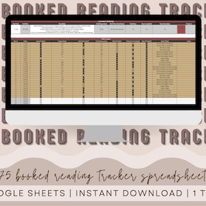 May include: A computer monitor displays a spreadsheet titled "75 Booked Reading Tracker." The spreadsheet has columns for tracking reading progress. The image includes the text "75 Booked Reading Tracker spreadsheet" and "GOOGLE SHEETS | INSTANT DOWNLOAD | 1 TABS."