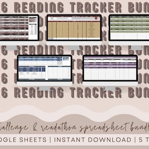 May include: A digital bundle of reading tracker spreadsheets displayed on five computer screens. The screens show colour-coded charts and tables. The image text includes "2026 Reading Tracker Bundle" and "Challenge & Readathon Spreadsheet Bundle".