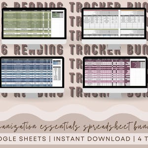 May include: Four computer monitors showing reading tracker spreadsheet templates. The background repeats "2026 Reading Tracker Bundle". The bottom of the image reads "organization essentials spreadsheet bundle" and "GOOGLE SHEETS | INSTANT DOWNLOAD | 4 TABS."