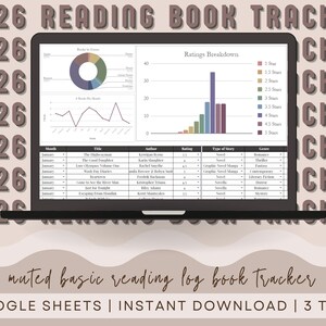 May include: A laptop displays a reading book tracker with charts and a table. The text on the screen includes "Ratings Breakdown" and a list of books. The background features the words "2026 READING BOOK TRACKER". The bottom text reads "muted basic reading log book Tracker".
