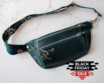 Black Friday Sale, Leather fanny pack, green fanny pack, belt bag, hip bag, black waist bag, festival bag, small backpack, Leather Hip Bag