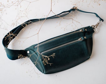 Leather fanny pack, green fanny pack, belt bag, hip bag, black waist bag, festival bag, small backpack, Leather Hip Bag, leather waist bag