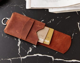 Leather Keychain Wallet, Minimalist Card Holder, Personalized Keyring