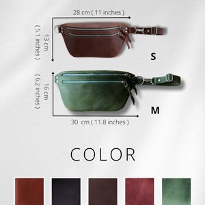 May include: Two leather fanny packs in different sizes, S and M, with two zippered compartments. The smaller pack is brown leather and the larger pack is green leather. The packs are shown against a white background with the text "SIZE" and "COLOR" above them. Below the packs are color swatches labeled "whiskey", "black", "brown", "marsala", and "green".