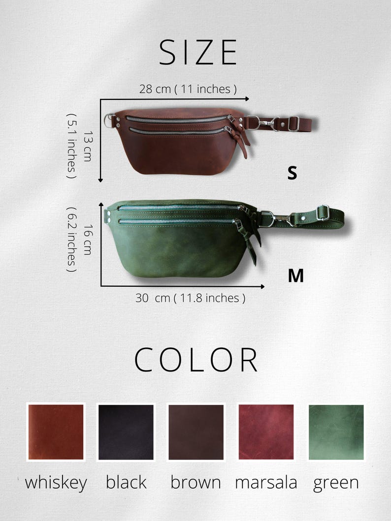 May include: Two leather fanny packs in different sizes, S and M, with two zippered compartments. The smaller pack is brown leather and the larger pack is green leather. The packs are shown against a white background with the text "SIZE" and "COLOR" above them. Below the packs are color swatches labeled "whiskey", "black", "brown", "marsala", and "green".