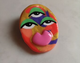 Gold, purple and red Polymer clay Face pin