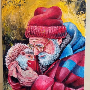 Peinture acrylique originale du vieil homme et du hérisson, art émotif mémorable