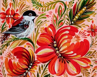 Original Ukrainian Petrykivka Folk Art Painting – Birds, Flowers, Hand-Painted