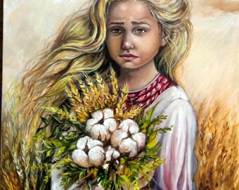 Dipinto ad olio originale Ucraina, Donna con fiori, Ritratto, Arte di guerra, simbolismo