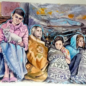 Original Watercolor Ukrainian Painting – Children of Ukraine, War Art from photo