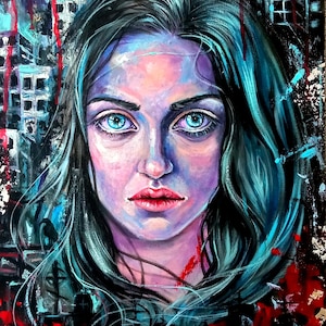 Retrato ucraniano de una mujer y la guerra, pintura acrílica original, Ucrania y su gente