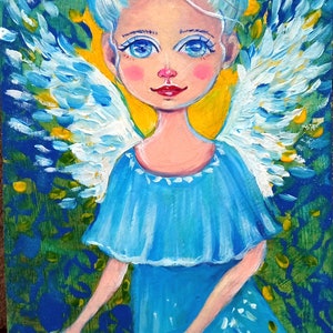 Cartoon Engel Acrylgemälde - Gelb & Blau Ukrainische Flaggenfarben - Art