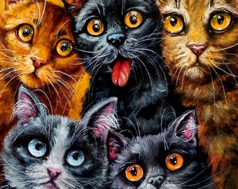 Funny Cat Painting – Original Pet Art by Ukrainian Artist, Wall Decor for Cat Lovers