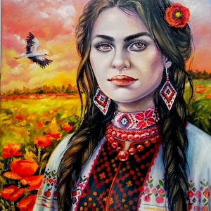 Origineel olieverfschilderij, portret van Oekraïense vrouw, Oekraïense schoonheidskunst