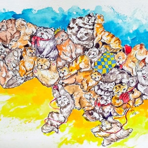 Originele hedendaagse schilderkunst, Oekraïne-alarmkaart, Oekraïense katten, kunstcadeau