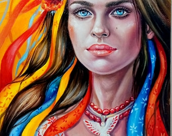 Pintura al óleo original: Retrato de una mujer ucraniana con traje nacional, tradición artística