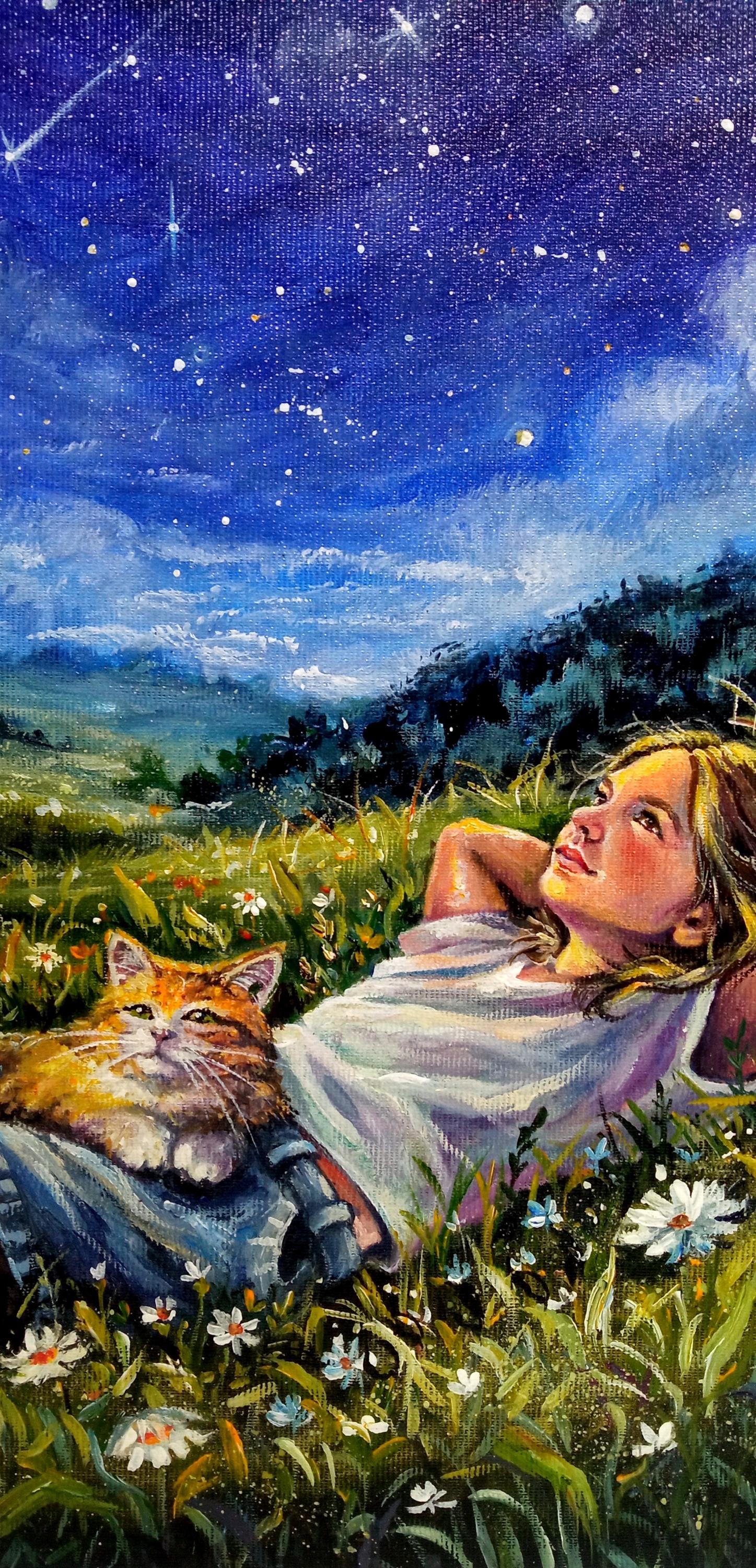 オリジナルアクリルキャンバス絵画、少女と猫、自然、ファンタジー