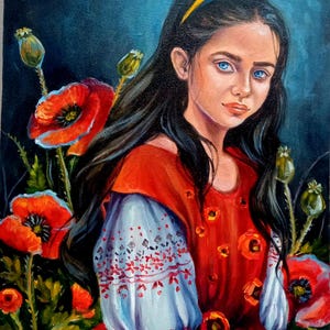 Peinture originale Portrait de femme ukrainienne et de fleurs, Art de l'Ukraine