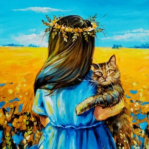Peinture acrylique patriotique ukrainienne - Femme au chat, oeuvre d&#39;art bleue et jaune