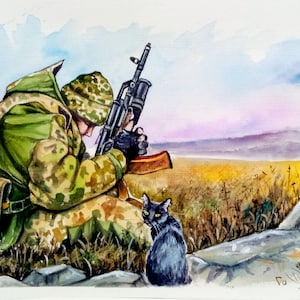 Dipinto ad acquerello originale, soldato ucraino e gatti, guerra in Ucraina