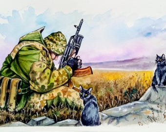 Dipinto ad acquerello originale, soldato ucraino e gatti, guerra in Ucraina