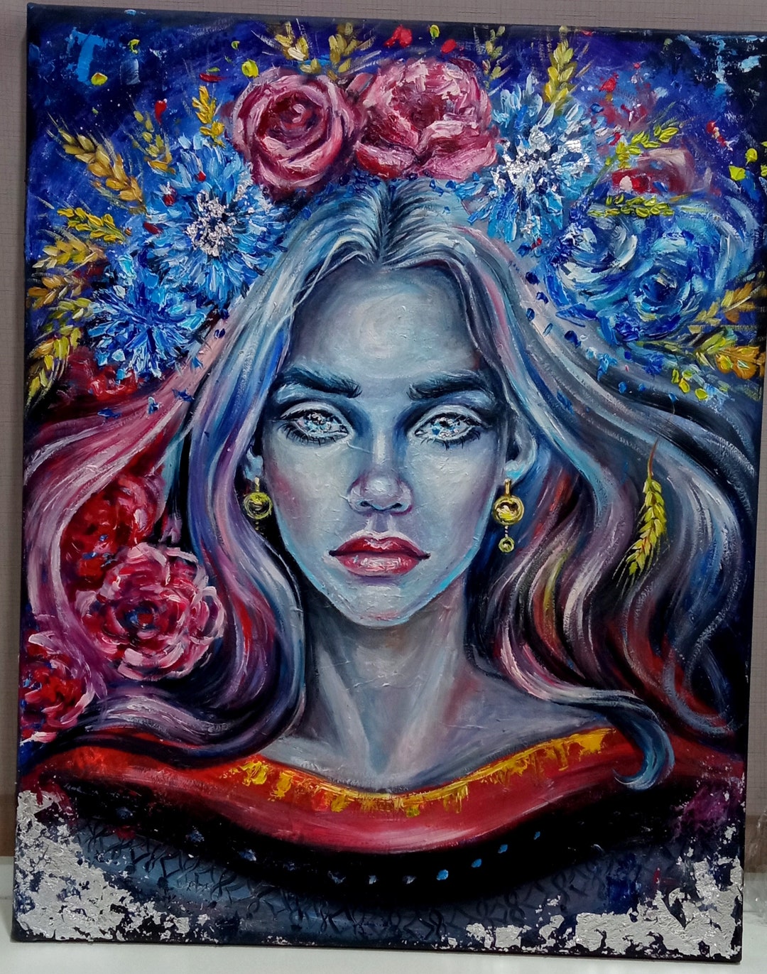 Ukrainian Portrait Woman With Flowers, Original Oil Painting, War in ...