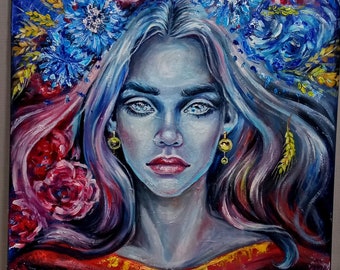 Ritratto di donna ucraina con fiori, dipinto a olio originale, guerra in Ucraina