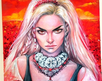 Ritratto di donna ucraina, dipinto a olio originale, collane e fiori tradizionali, arte ucraina dipinta a mano