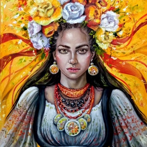 Retrato de una mujer ucraniana con corona de flores, pintura al óleo original, primavera en Ucrania