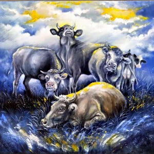 Original Oil Painting on Canvas, Ukrainian Cows in Abstract Landscape, Ukraine