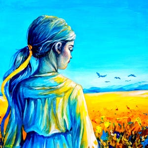 Peinture acrylique patriotique ukrainienne - Femme au champ, oeuvre d&#39;art bleue et jaune