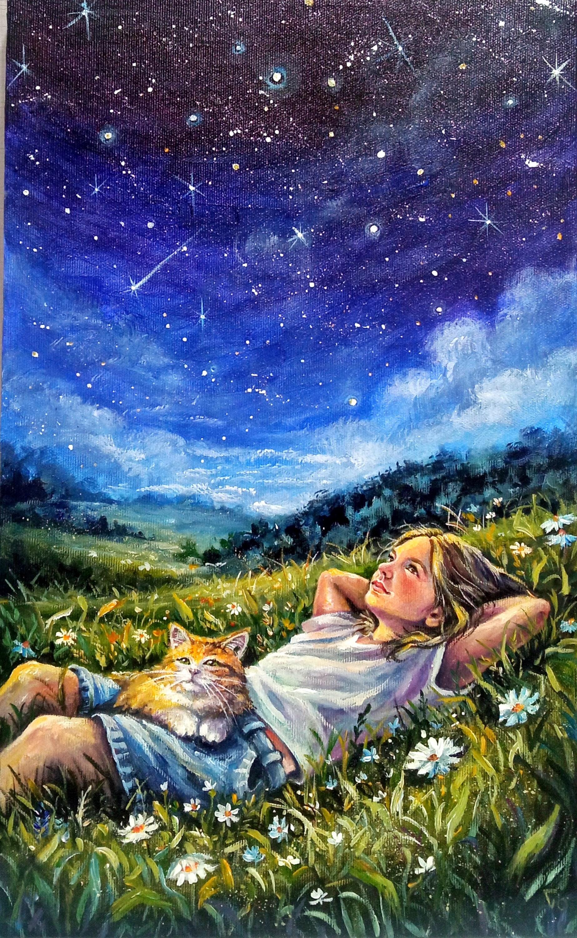 オリジナルアクリルキャンバス絵画、少女と猫、自然、ファンタジー