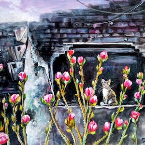 Art de la guerre ukrainien avec chat et maison détruite, peinture acrylique originale