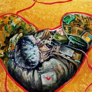 Peinture acrylique originale : Guerre en Ukraine - Soldat et chat, oeuvre d'art à partir d'une photo