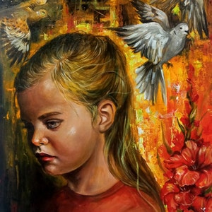 Origineel acrylschilderij, Oekraïense meisjesvogels, oorlog in Oekraïne, symbolische kunst