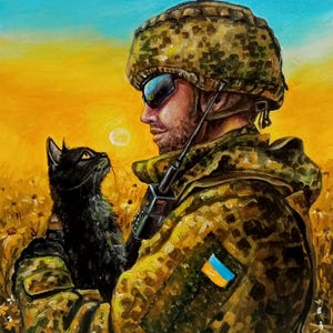 Art militaire ukrainien - Soldat et chat sur le terrain - Peinture acrylique originale à partir d'une photo, Ukraine