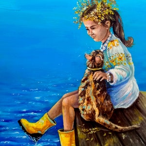 Peinture ukrainienne originale, Fille, Mer et chat, Peuple d'Ukraine, Art