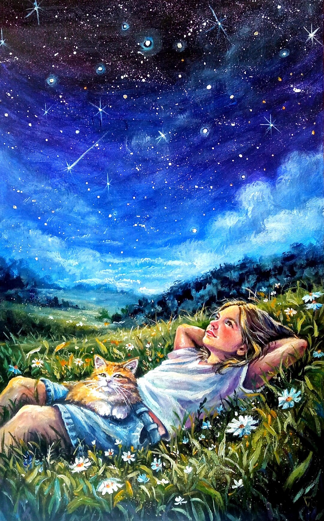 オリジナルアクリルキャンバス絵画、少女と猫、自然、ファンタジー
