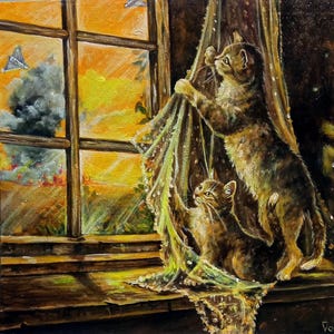 Peinture acrylique originale - Drones et chats ukrainiens - Décoration murale chat