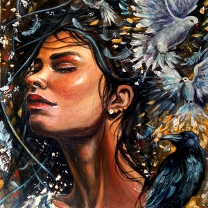 Hedendaagse acrylschilderij, Oekraïens meisje, portret van de vrouw en vogelskunst