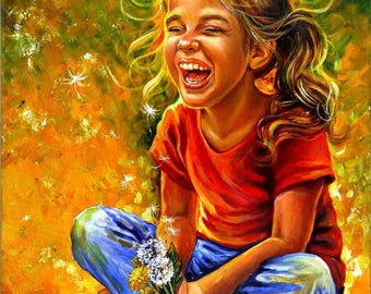 Ukrainian Girl with Dandelions | Original Acrylic Painting, Flower and Kid