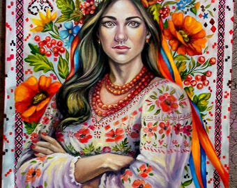 Ritratto di donna ucraina – Arte popolare floreale originale, Ucraina femminile