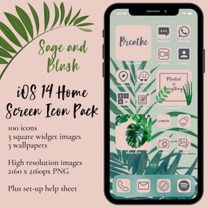 May include: A phone screen displays a custom iOS 14 home screen with a sage green and blush pink theme. The screen features custom app icons, widgets, and a wallpaper with a botanical design. The text on the screen says "Breathe" and "Mindset is everything".
