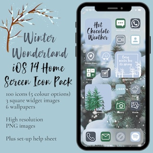 May include: A phone screen displays a winter-themed iOS 14 Home Screen Icon Pack. The pack includes 100 icons, 3 square widget images, and 6 wallpapers. The phone screen shows app icons with winter-themed graphics and the text "Hot Chocolate Weather".