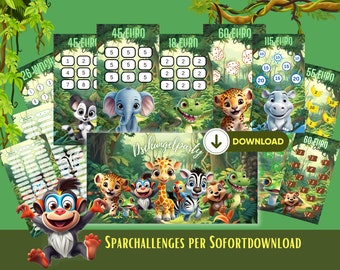 Download set of savings challenges jungle party for A6 budget binder | Jungle animals transshipment method