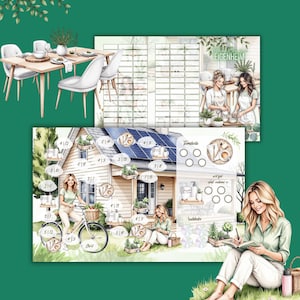 Könnte beinhalten: Aquarellillustration mit einem Esstisch mit Stühlen, einem Haus mit Sonnenkollektoren und Frauen, die verschiedenen Aktivitäten nachgehen. Das Bild enthält Textelemente und ein grünes Farbschema.